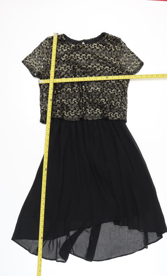 River Island Women’s Black Gold Hi-Low Fit & Flare Dress Size 10