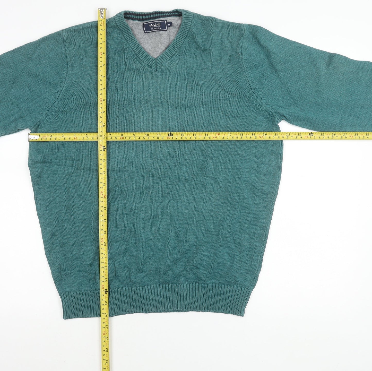 Maine New England Mens Green Cotton V-Neck Jumper Size M
