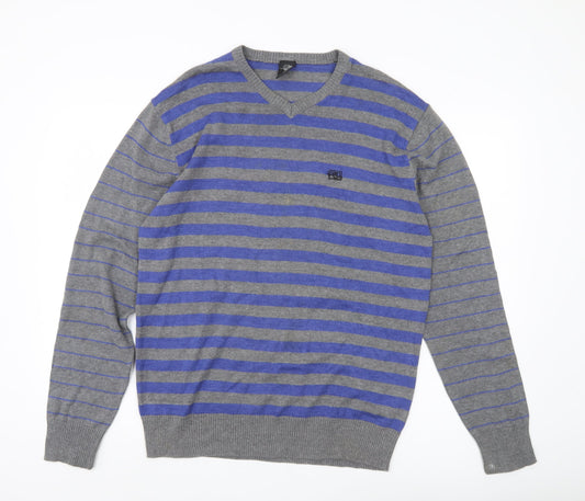 Meaty's Mens Grey Blue Striped V-Neck Pullover Jumper Size M
