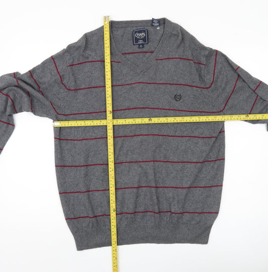 Chaps Men’s Grey Striped Cotton Cashmere V-Neck Jumper Size L