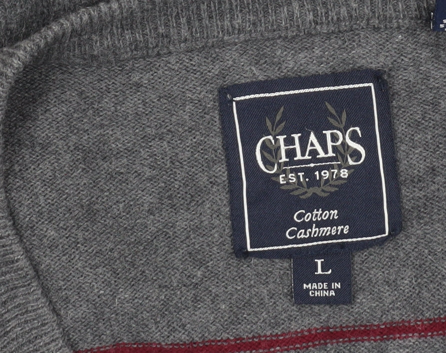 Chaps Men’s Grey Striped Cotton Cashmere V-Neck Jumper Size L