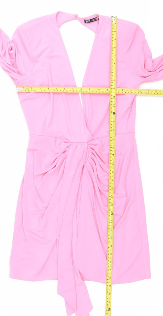 Zara Women’s Pink Wrap Dress Size 12 Long Sleeve V-Neck Party
