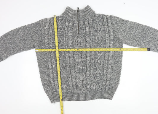 Easy Mens Grey Cable-Knit Mock Neck 1/4 Zip Pullover Jumper L