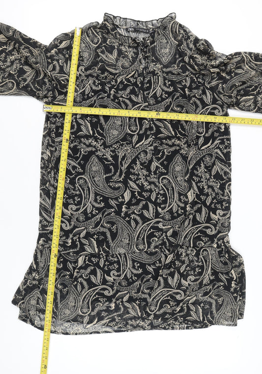 Zara Women Black XS Paisley Shift Mini Dress Long Sleeve