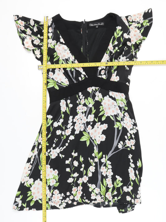 Mela Loves London Women Black Floral A-Line Short Dress Size 12