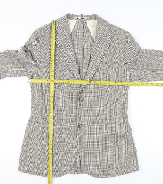 Zara Women Beige Check Linen Blend Blazer Jacket Size 14