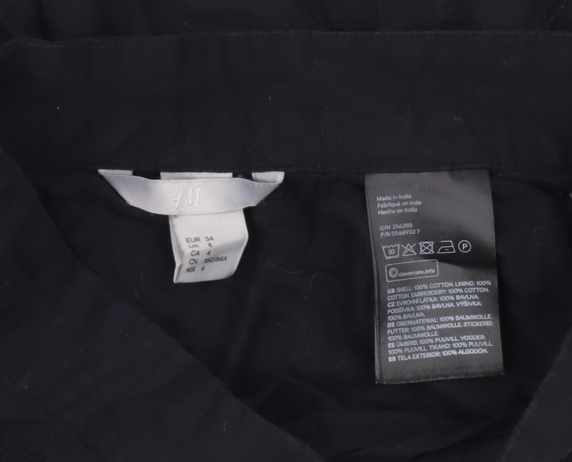 H&M Women’s Black Cotton A-Line Midi Skirt Size 6 Embroidered