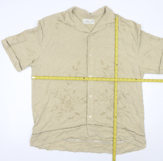 Abercrombie & Fitch Mens Beige 2XL Tall Linen Blend Embroidered Button Shirt