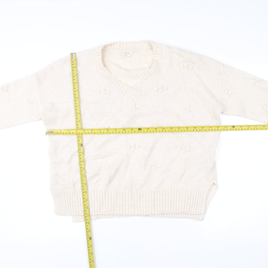 Fat Face Womens Beige Knit V-Neck Jumper Size 12 Long Sleeve Pullover