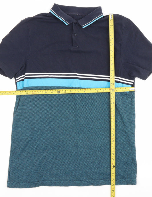 Very Men’s Blue Colourblock Striped Cotton Polo Shirt Size L