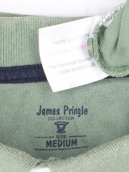 James Pringle Men's Green White Striped Cotton Polo Shirt Medium
