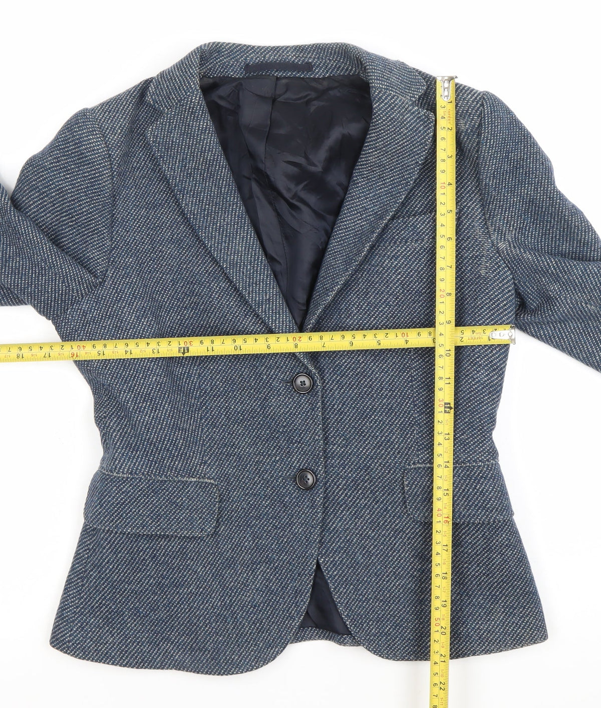 Brand and care label for GANT women’s blue wool herringbone blazer jacket, size UK 8