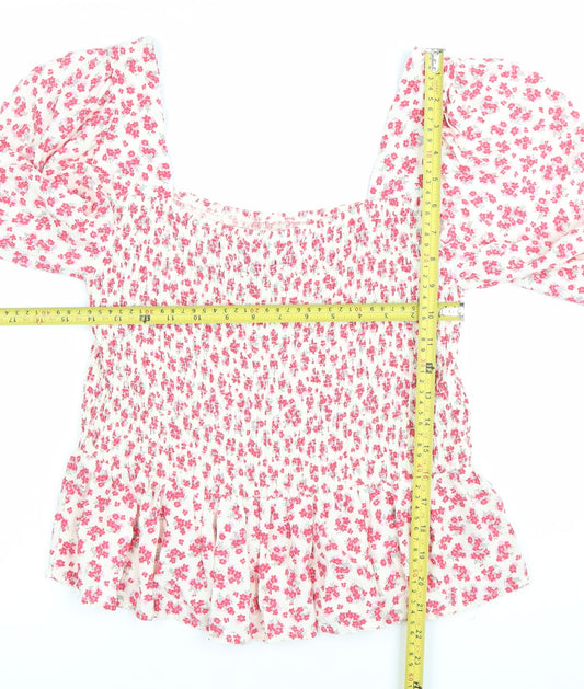 New Look Women’s White Floral Blouse UK 12 Square Neck Puff Sleeve