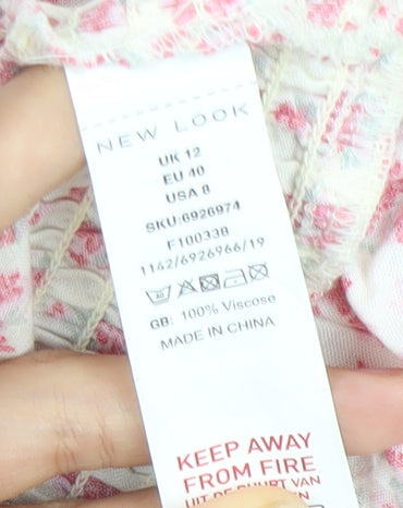 New Look Women’s White Floral Blouse UK 12 Square Neck Puff Sleeve