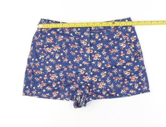Topshop Women Blue Floral Shorts UK 12 High Rise Cotton Blend