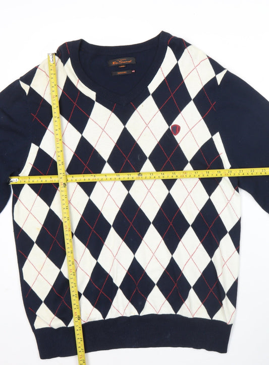 Ben Sherman Men’s Blue Argyle Cotton Jumper Large Crew Neck