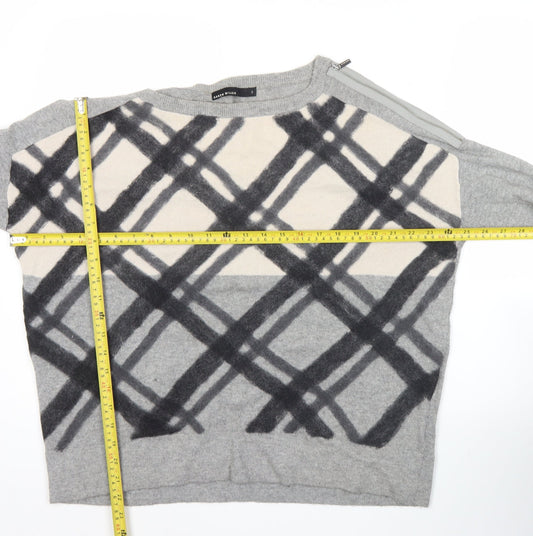 Karen Millen Women’s Grey Wool Blend Jumper Size 12 Crew Neck Checked Knit