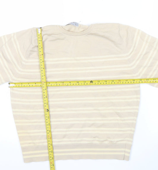 Jaeger Womens Beige Wool Jumper Size 12 Striped Crew Neck Pullover