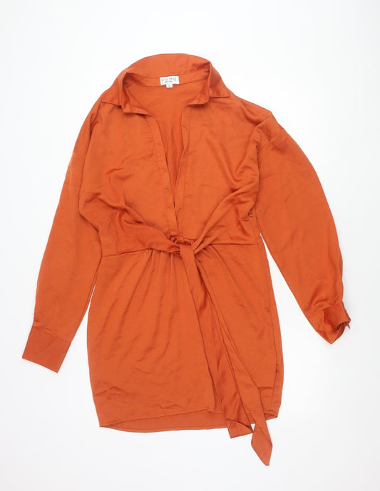 Additional front view of In The Style Women’s Orange Shirt Dress, size UK 12, Long Sleeve Collared