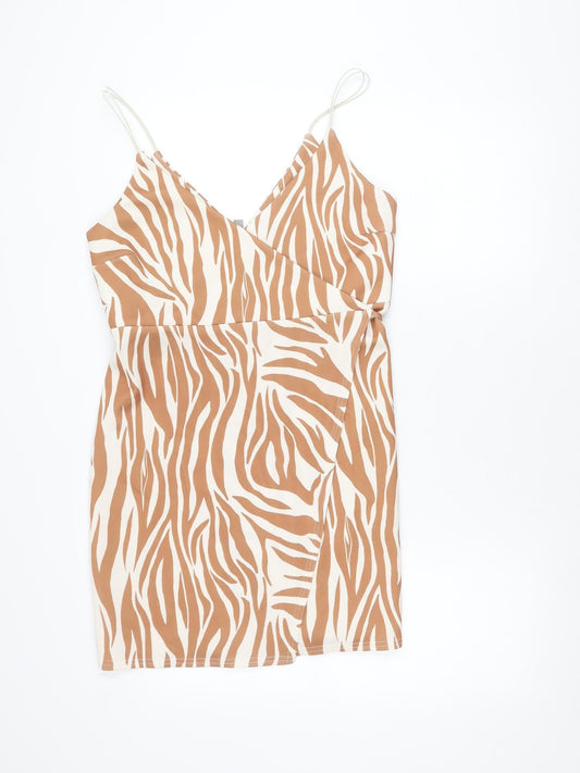 Additional front view of ASOS Women’s Brown Zebra Print Slip Dress, size UK 12, Summer Casual