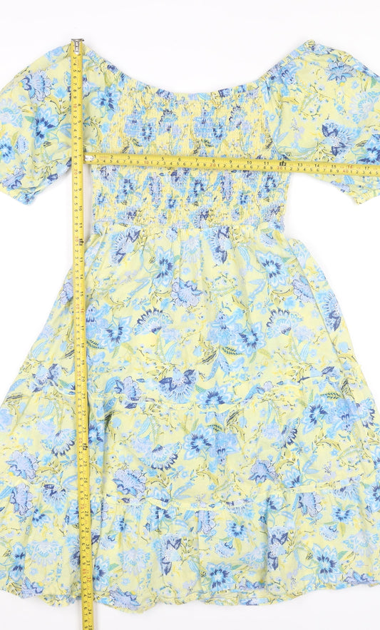 Monsoon Women’s Yellow Blue Floral Midi A-Line Cotton Dress S