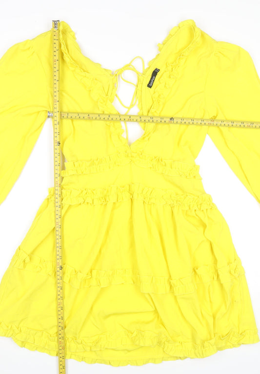 Boohoo Women Yellow Mini Dress UK 12 Ruffle V-Neck Long Sleeve Party