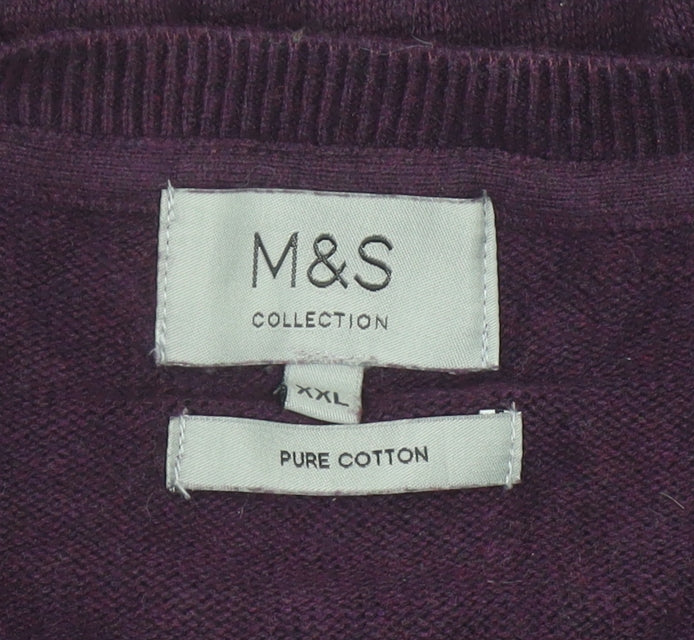 Marks and Spencer Mens Purple 2XL Cotton V-Neck Jumper