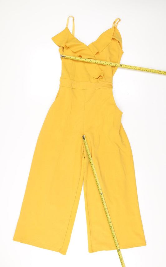 Quiz Women’s Yellow Ruffle Belted Wide-Leg Jumpsuit Size 12