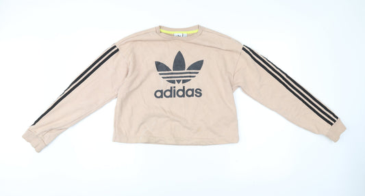 Additional front view of Adidas women’s beige sweatshirt, size UK 10, crew neck pullover logo print