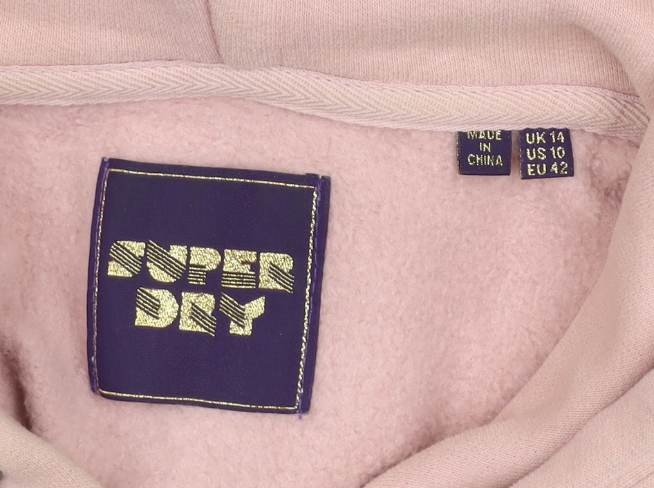 Superdry Womens Pink Pullover Hoodie UK 14 Logo Glitter Casual