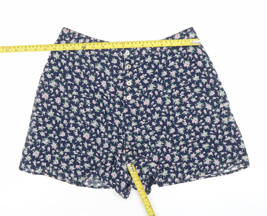 Topshop Womens Blue Floral High Rise Button Shorts Size 12
