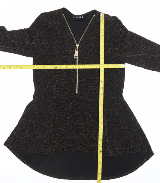 Quiz Women’s Black Glitter Fit & Flare Dress Size 14 Party Zip Bell Sleeve