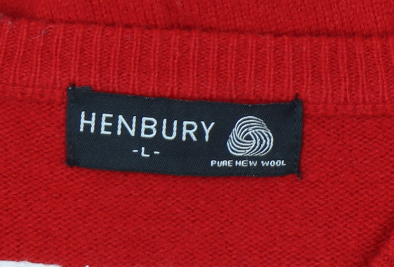 Henbury Men’s Red Wool V-Neck Pullover Jumper L Casual Sportswear