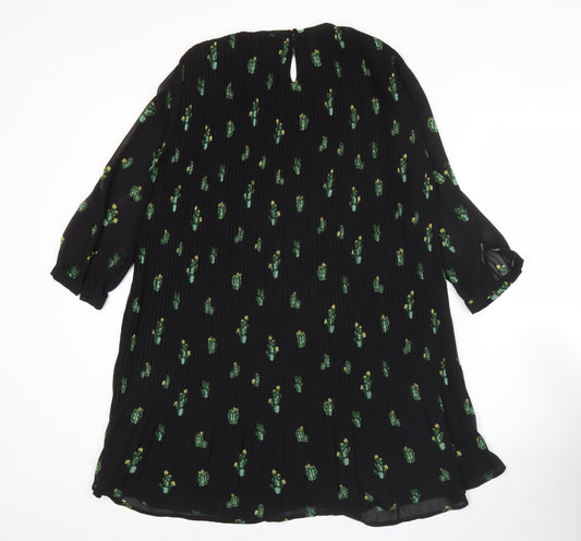 Zara Women Black XS Shift Dress Floral Pleated 3/4 Sleeve