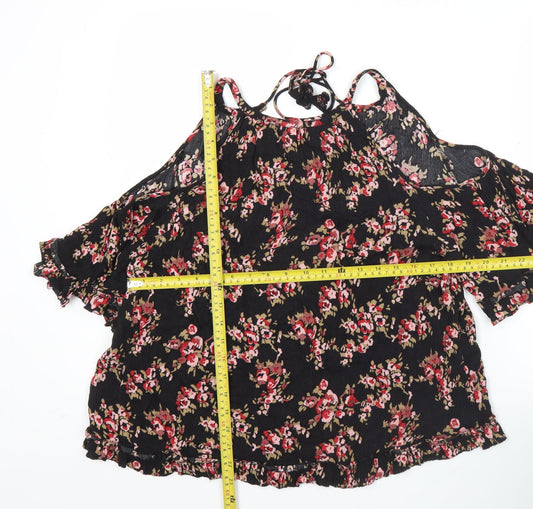 AND/OR Womens Black Floral Cold Shoulder Blouse Size 12 Summer Top