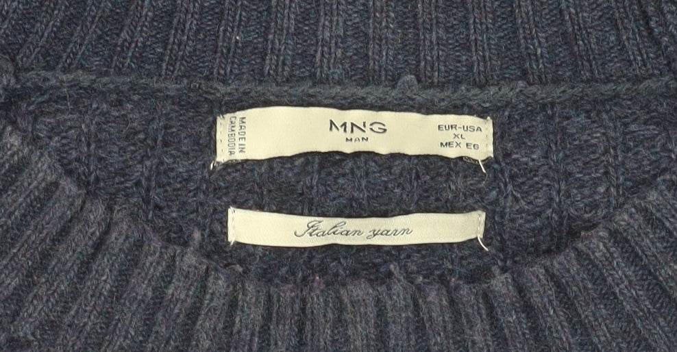 MNG Men’s Blue Wool Blend XL Waffle Knit Crew Pullover Jumper