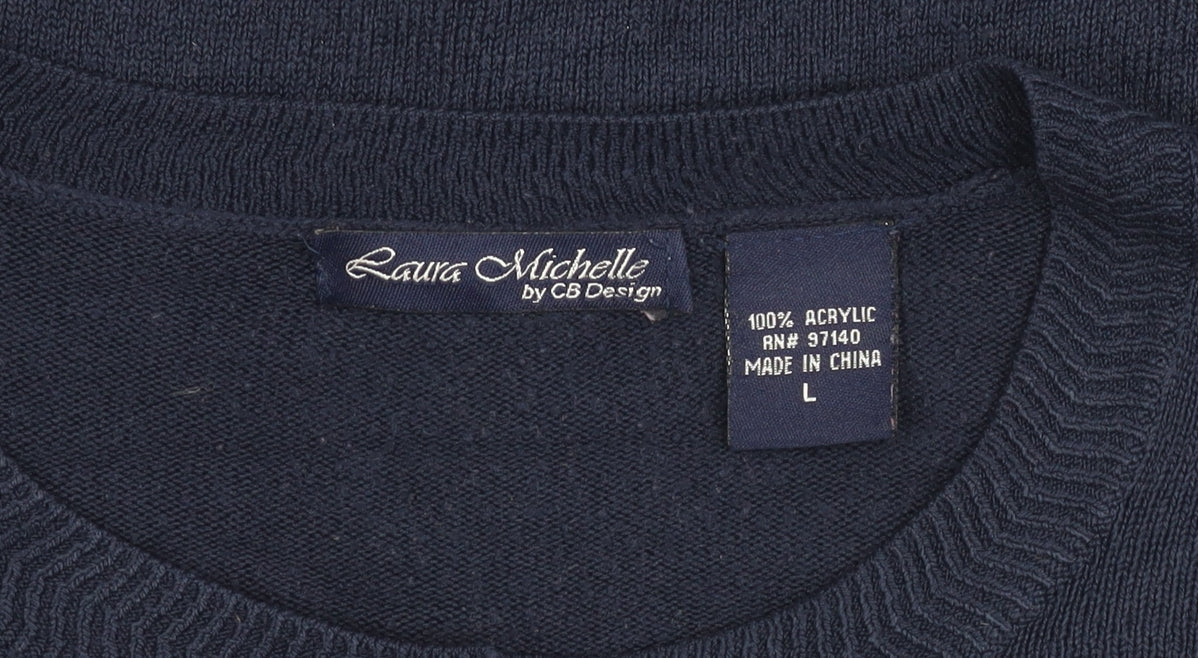 Laura Michelle Women’s Blue Cardigan L Acrylic Knit Crew Neck