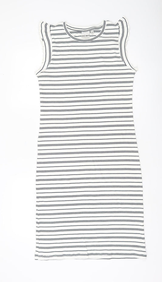 Additional front view of ICHI Women’s White Striped Bodycon Dress M Classic Sleeveless