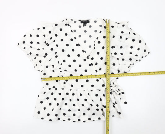 New Look Women’s White Polka Dot Wrap Blouse UK 18 Ruffle Short Sleeve