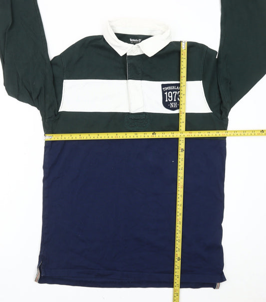 Timberland Men's Slim Fit Rugby Polo Green Blue White L Long Sleeve