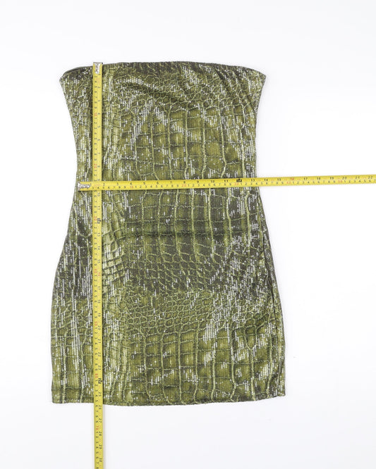 PrettyLittleThing Women Green Animal Print Sequin Strapless Bodycon Dress UK 14