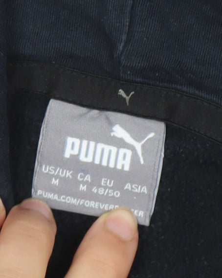 Brand and care label for Puma boys’ black pullover hoodie m regular fit logo sportswear