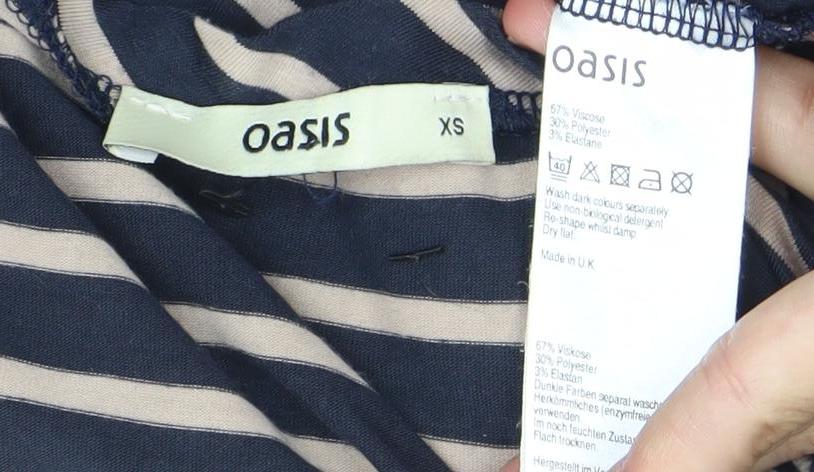 Oasis Women’s Blue Beige Striped Bodycon Dress XS Scoop Neck 3/4 Sleeve