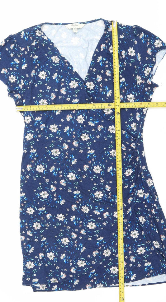 Yumi Women’s Blue Floral Wrap Dress UK 14 L V-Neck Jersey