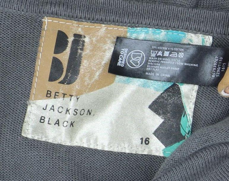 Brand and care label for Betty Jackson Black women’s grey black, size UK 16, a-line knee length dress