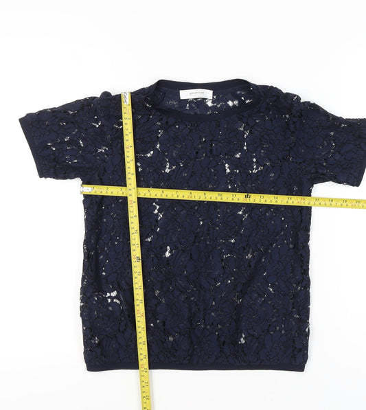 Promod Women’s Blue Lace Floral Sheer Short Sleeve Top Size 6