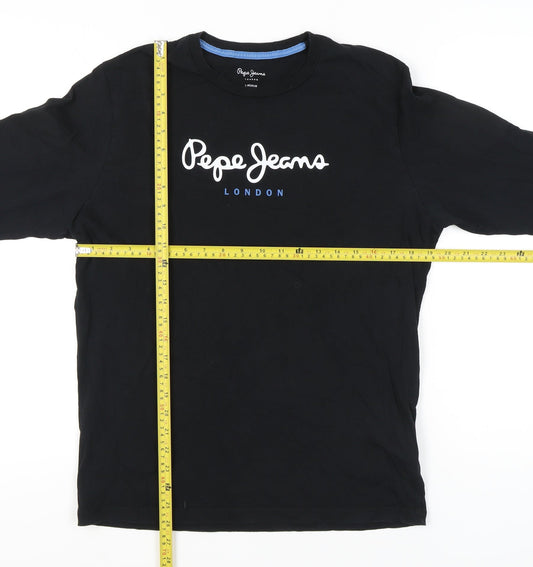 Pepe Jeans Men Black L Regular Fit Long Sleeve Logo T-Shirt Cotton