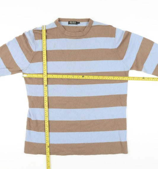 Reiss Men’s Brown Blue Striped Cashmere Blend Jumper L Crew Neck