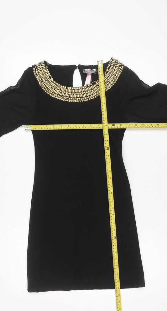 Lipsy Women Black Size 10 Beaded Long Sleeve Shift Dress