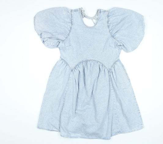 George Women’s Blue Puff Sleeve A-Line Cotton Denim Dress Size 8